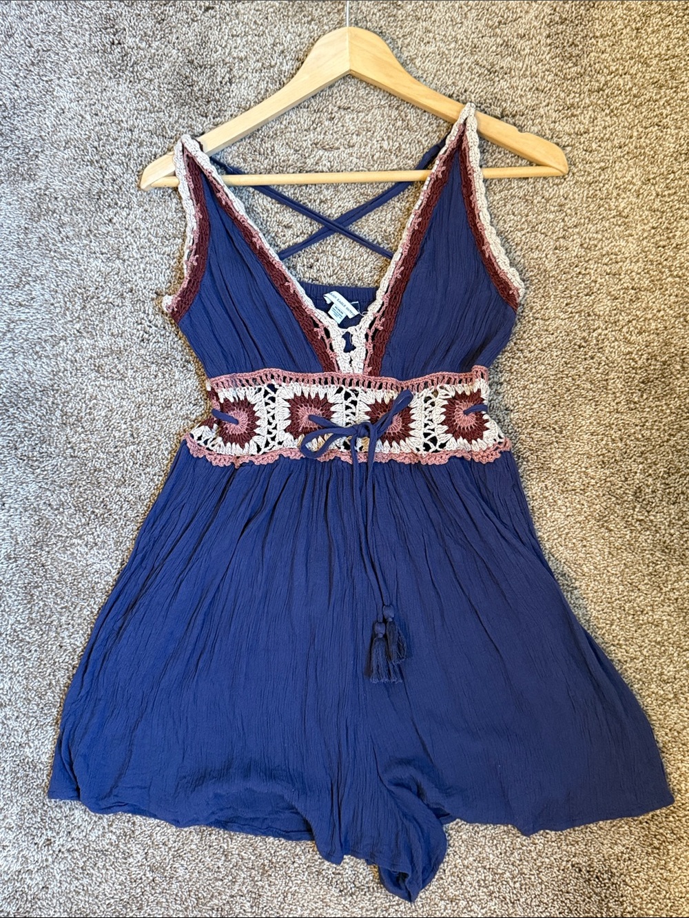 American Eagle Outfitters Navy Blue Crochet Trim Romper